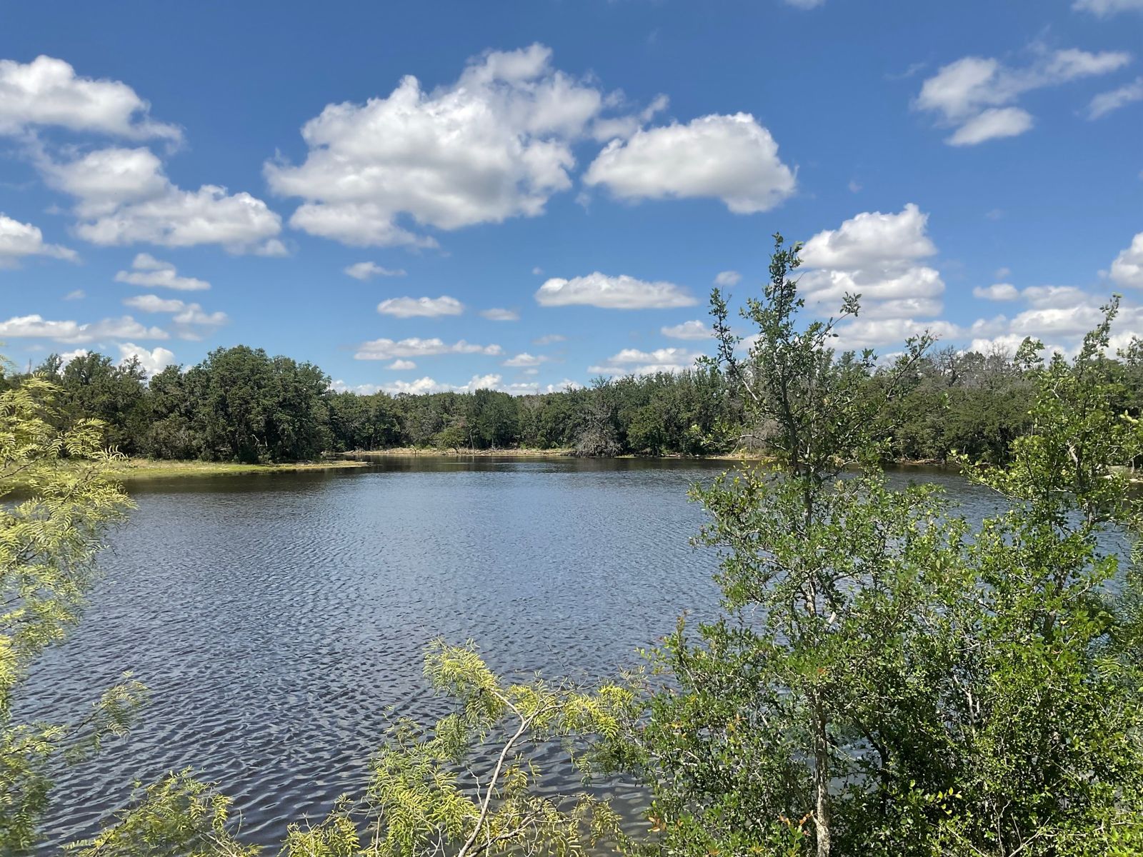 A stock pond on the ranch under a summer sky